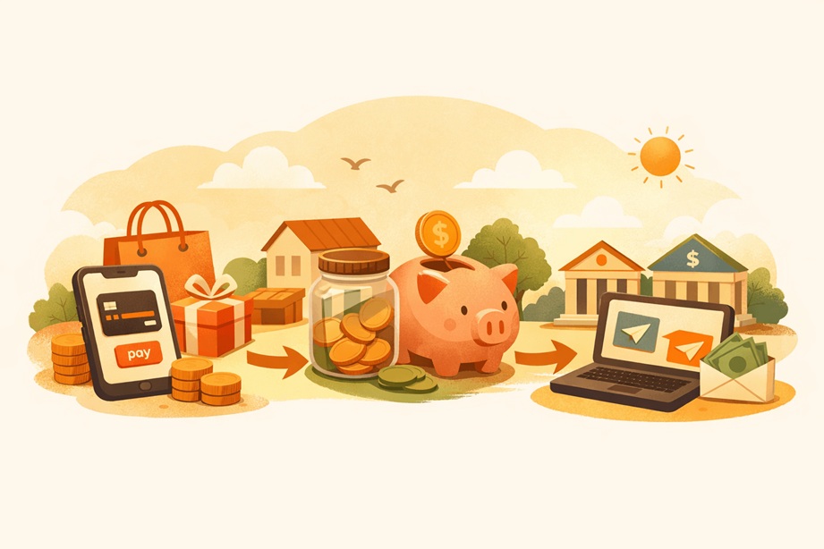 현금흐름 구조를 설명하는 일러스트 — 결제, 저축, 이체로 이어지는 돈의 이동 흐름을 표현한 재무 개념 이미지