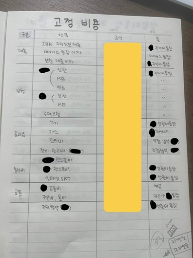 처음 가계부 작성 시작하며 노트에 적어 내려간 우리 집 고정비 지출 목록